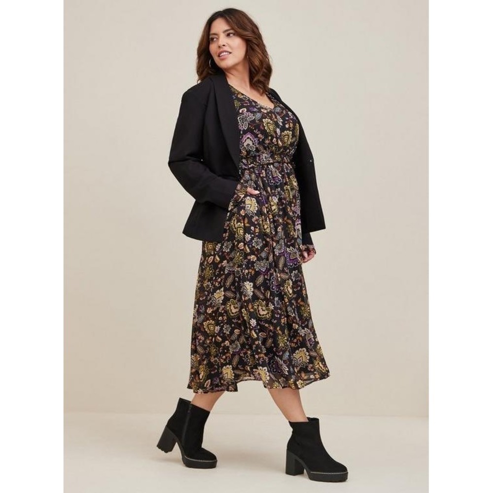 Torrid Black Floral Paisley Chiffon Midi Dress Metallic Pinstripe‎ Size 6 NEW